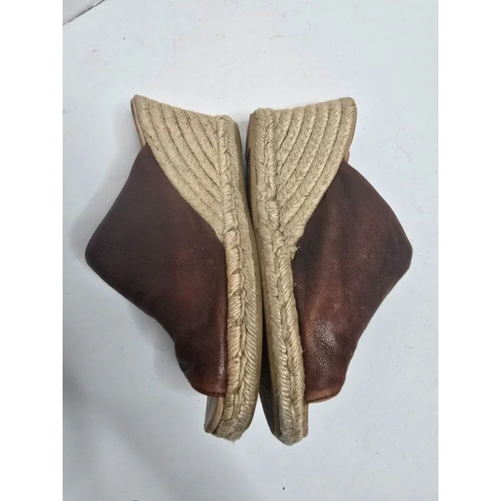 Anthropologie Gaimo Brown Leather Espadrille Wedge Sandals